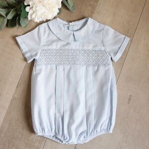 Boys Blue Heirloom Smocked Romper Bubble Embroidery Traditional Boutique NWOT